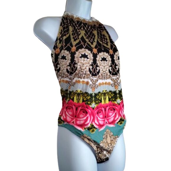Floral and Geo Pattern Multi Color One Piece High Back Halter Top Size Large - Picture 2 of 6